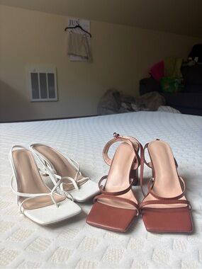 Women’s Strappy Square-Toe Heeled Sandals in White and Brown